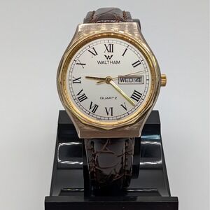 Waltham Quartz Watch Gold‎ Tone Roman Dial Day Date 33mm Sapphire Crystal
